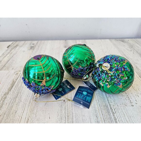 St Nicholas square dazzle delight peacock ornament sequin glitter green purple u